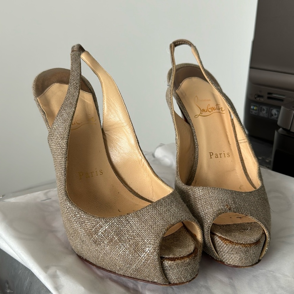 Christian Louboutin metallic peeptoe sling back heels in need of TLC sz6 36